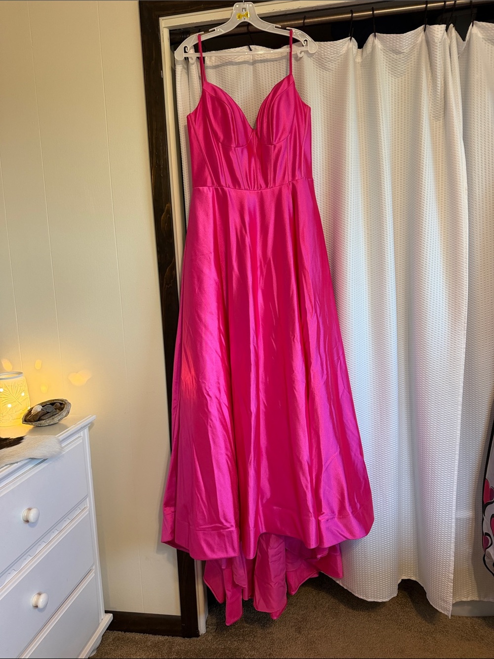 Fuchsia High-Low Satin Spaghetti-Strap Dress